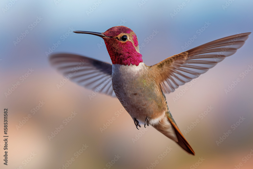 Fototapeta premium Photograph of a hummingbird in flight, with green and red feathers