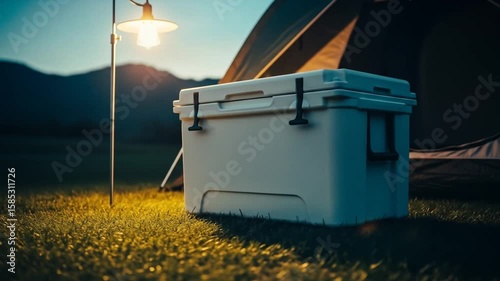 Cooler by Tent at Campsite at Dusk