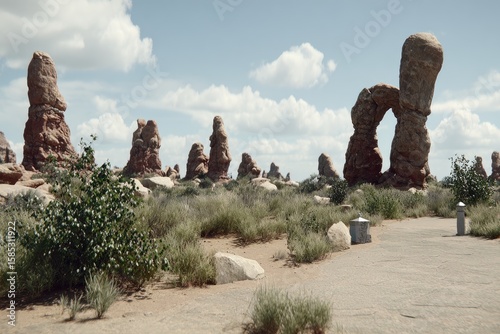 Desert landscape with red rock formations.  A paved path winds through the scene.  Low scrubby vegetation.  Sky is partly cloudy