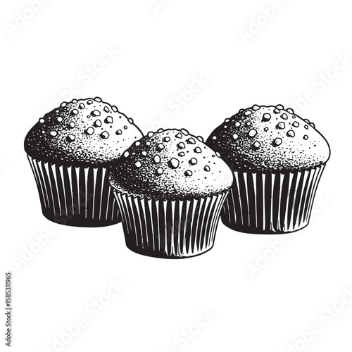 Three hand drawn cupcakes with textured toppings in black and white arrangement for culinary dessert designs