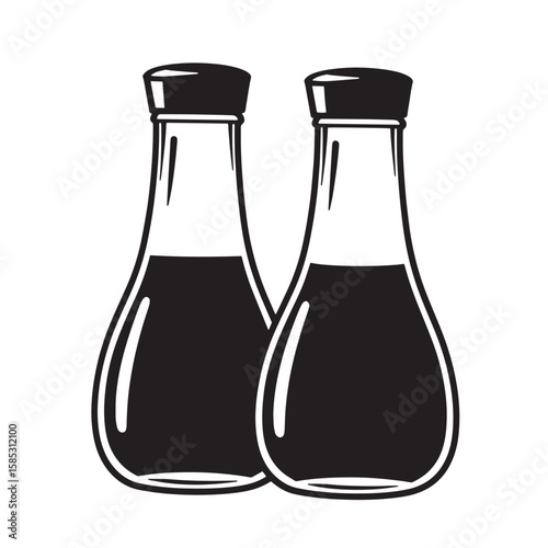 Two bottles of soy sauce illustration in a black and white style perfect for asian cuisine restaurants