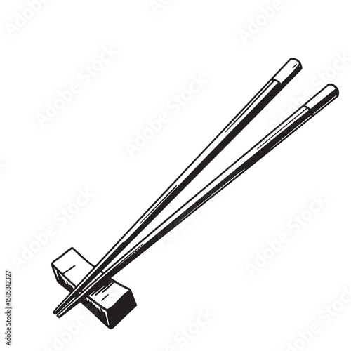 Vector illustration of a pair of elegant chopsticks with a rest depicted in a modern black and white style