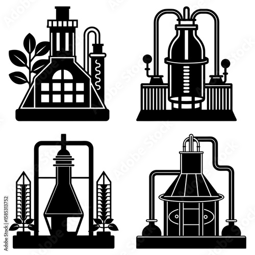 Illustration presenting four distinct black and white distillery apparatuses with plants around them