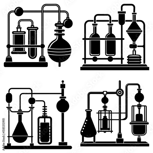 Four black and white laboratory setups with flasks tubes and distillation apparatus in a collage format