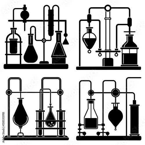 Four laboratory setups with flasks tubes and distillation apparatus in black and white silhouette style