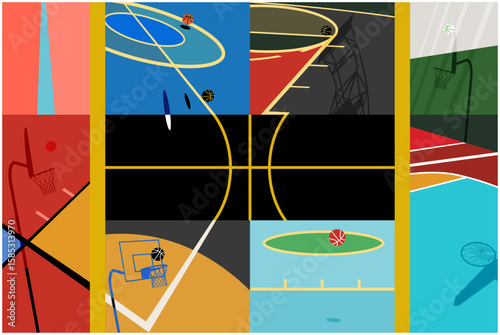 Basketball Courts. Close up of basketball court lines view. concept in flat style. High angle view of basketball court dividing lines on colorful abstract background.