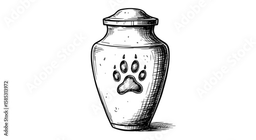 Vintage ink sketch of pet cremation urn with paw print -black and white vector engraving illustration