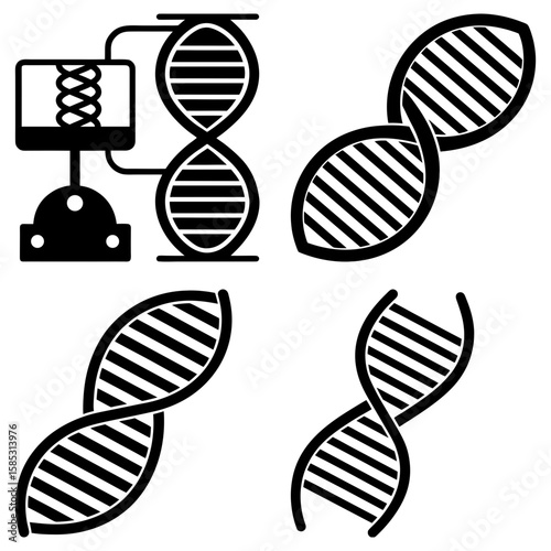 Illustration of dna strands and a device processing the dna sequence in black and white style format
