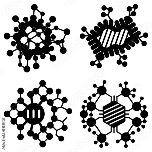 Four stylized black and white illustrations of abstract molecular structures and circuit boards