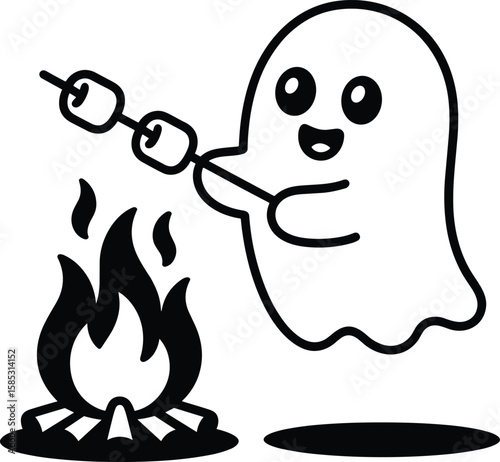 Halloween bonfire, Cute ghosts roasting marshmallows, Ghost Camping Around Bonfire – Minimalist Halloween Vector