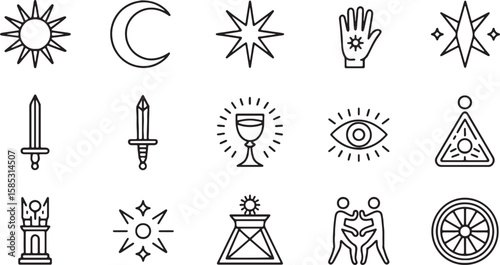 Celestial Sun Moon Stars Sword Cup Eye Triangle People Wheel crescent sparkle