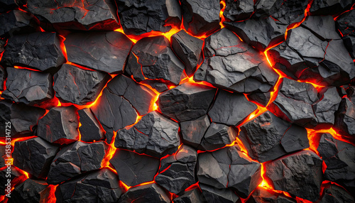 Volcanic Rock Wall With Glowing Lava Cracks