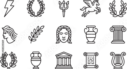 Greek mythological symbols ancient artifacts and figures lightning bolt laurel wreath