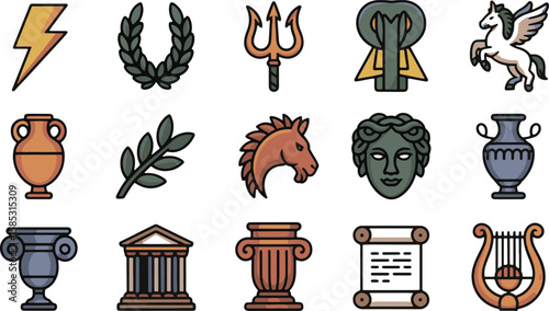 Greek mythology symbols ancient artifacts and mythical creatures lightning bolt