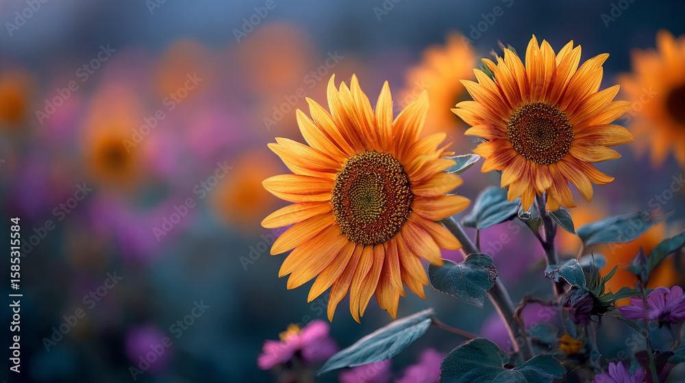 Fototapeta premium Close up of a bright yellow sunflower growing in a field. Nature beauty summer bloom. Floral background for card design.