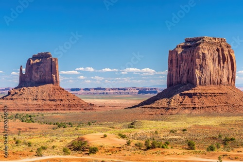 Two iconic buttes stand tall against a vast, sunny desert landscape