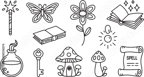 Magical objects including a wand butterfly flower potion key mushrooms and spell scroll magic wand open book