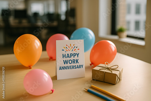 Happy work anniversary card with colorful balloons and gift box on office desk daytime celebration