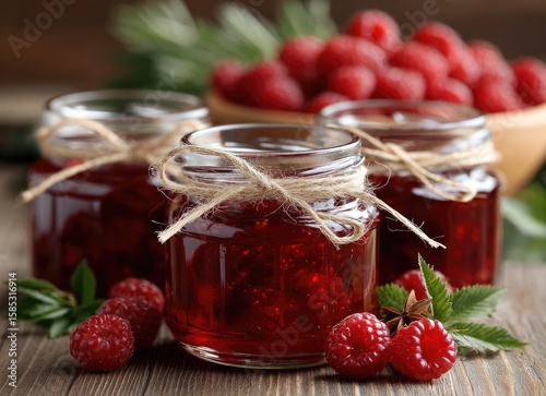 Wallpaper Mural Homemade raspberry jam in refined glass jars filled with fresh berries and spices on a rustic wooden background Torontodigital.ca