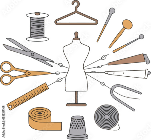 Sewing tools and mannequin arranged around a central dress form tailor scissors
