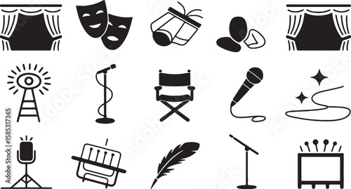 Stage curtains theater masks microphone director chair feather quill spotlight comedy