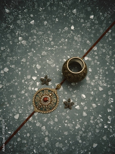 Close-up of a decorative Rakhi with a small pot and earrings, placed on a crystal-like sparkling surface for Raksha Bandhan.