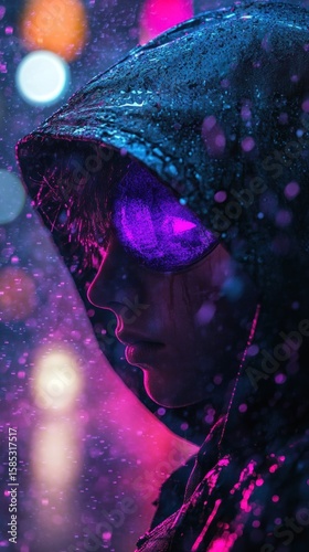 Woman in neon rain in the city
