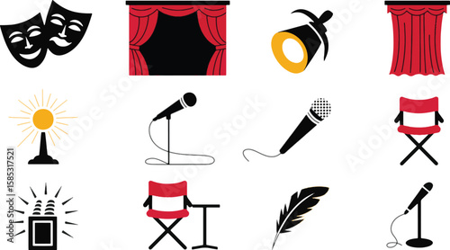 Theater performance icons including masks microphones and chairs comedy tragedy