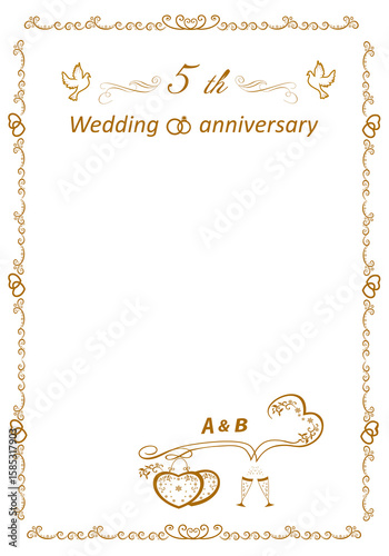 5 year wedding anniversary frame for text. Original beautiful illustration. Golden pattern. Champagne glasses. Wooden wedding. illustration