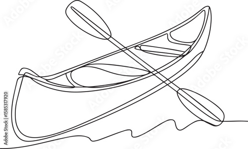 continuous one line drawing of rowboat on water with oar resting inside, clean black line illustration