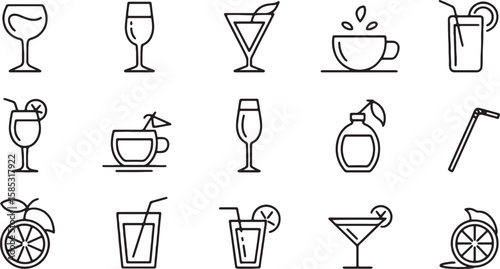 Various drinks and beverage containers with garnishes and straws beverages glasses