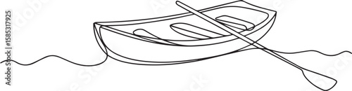 continuous one line drawing of rowboat on water with oar resting inside, clean black line illustration
