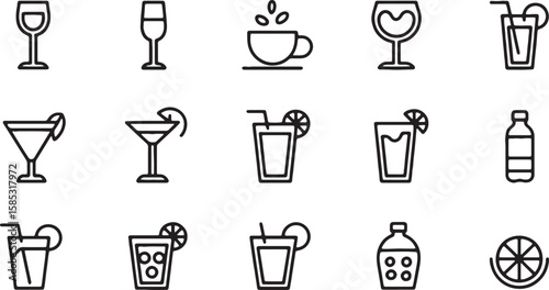 Various drinks and beverages in outline style cocktails wine glass