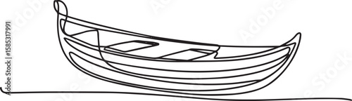 continuous one line drawing of rowboat on water with oar resting inside, clean black line illustration