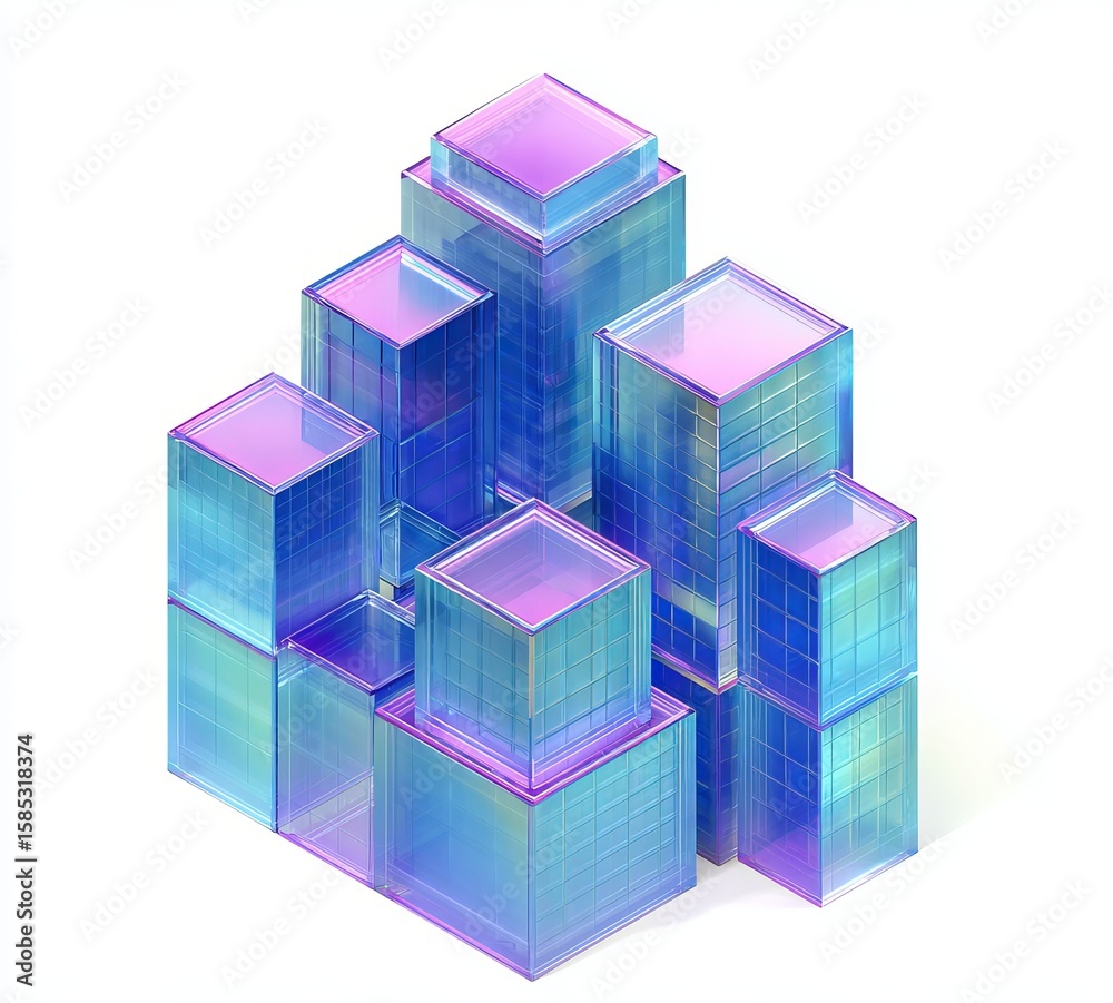 Obraz premium Abstract background with glass cubes in blue and purple colors, a futuristic illustration of skyscrapers or a city tower on a white backdrop.