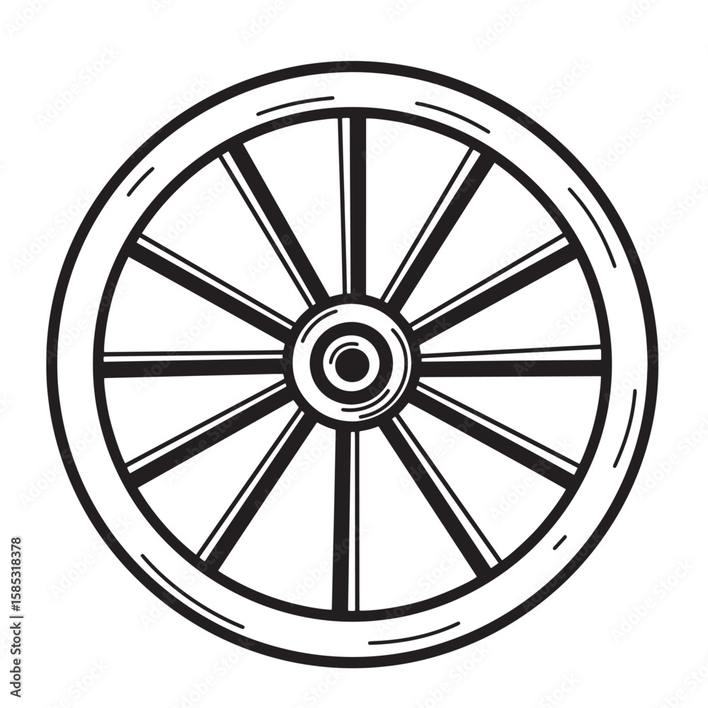 Fototapeta premium Detailed black and white illustration of a classic wagon wheel perfect for various design projects and concepts