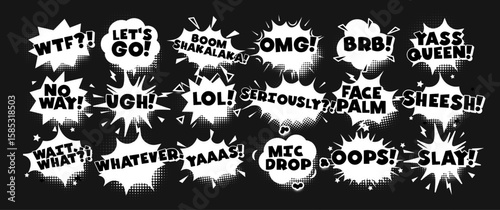 Comic meme pop speech bubbles in black and white. Funny viral exclamations and retro slang text for social media, jokes, fashion, poster or sticker use. Vector illustration.