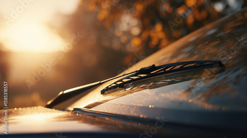 Close-up of a clean modern car windshield with a windshield wiper resting on the glass, soft golden hour lighting, slight autumn haze in the background.