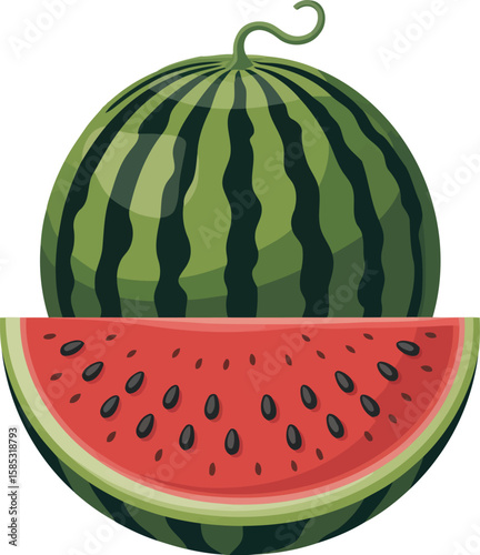 Fresh Watermelon Halved with Seeds Vector Illustration, Transparent Background.
