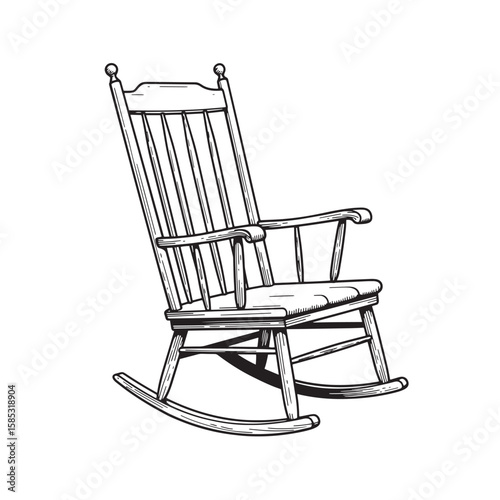 Detailed hand drawn illustration of a classic rocking chair in black and white suitable for various design projects