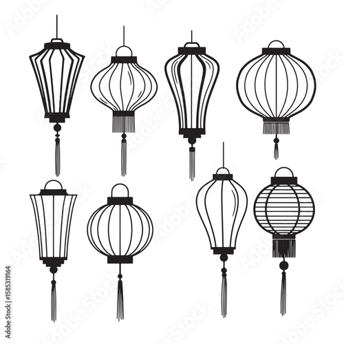 Eight traditional chinese lanterns in vector black and white outlines representing cultural heritage and festivities