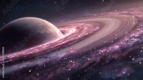 Planet with ring system and cosmic dust. Fantasy alien world in deep space. Science fiction concept, astronomy wallpaper.