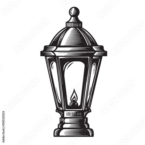 Intricate black and white illustration of a classic vintage street lamp with a lit flame and detailed engraved design