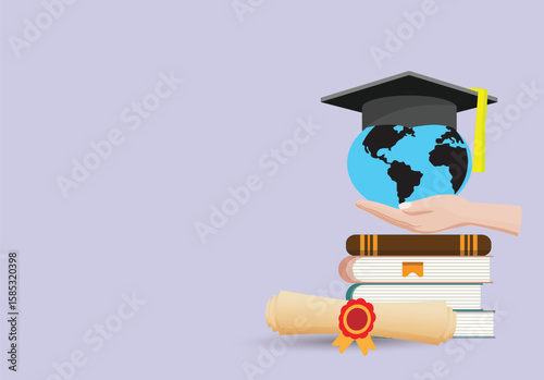 Hand holds a globe symbolizing education and global achievement, Ideal for educational content, graduation announcements, or international studies, 