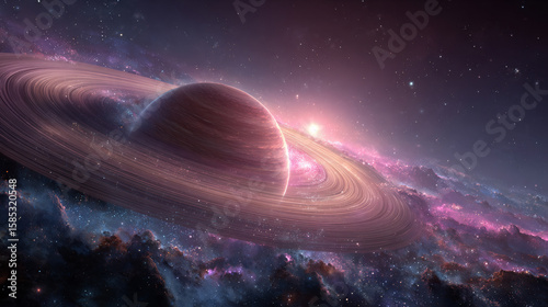 Celestial rings around a gas giant planet in a colorful nebula. Abstract futuristic space scene for galaxy and universe concept.