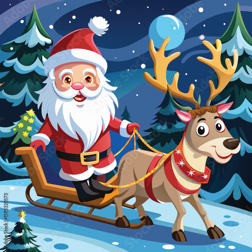 Santa and deer running vector icon 