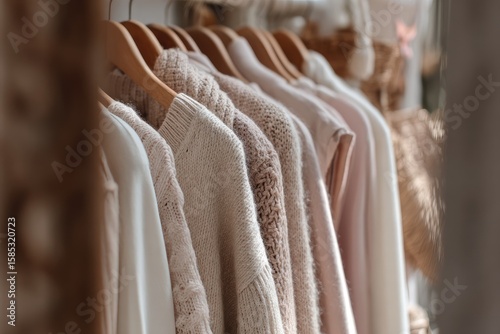 Soft, neutral-toned sweaters and cardigans hang on a wooden rack
