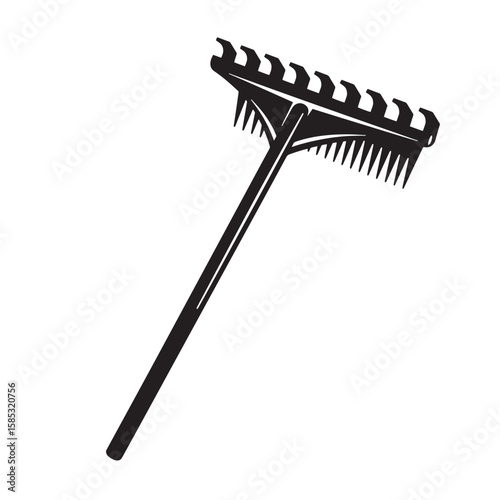 Simple black and white vector illustration of a rake gardening tool for yard work and landscaping purposes