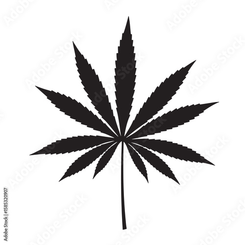 Single cannabis leaf silhouette in black color isolated against white background representing nature and herbal concepts