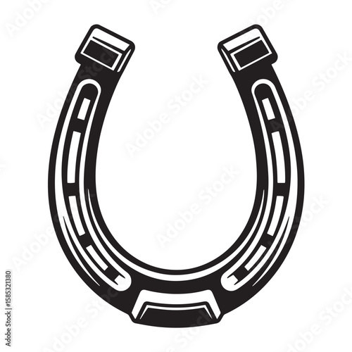 Vector illustration of a classic horseshoe symbol depicted in a monochrome black and white style for diverse applications